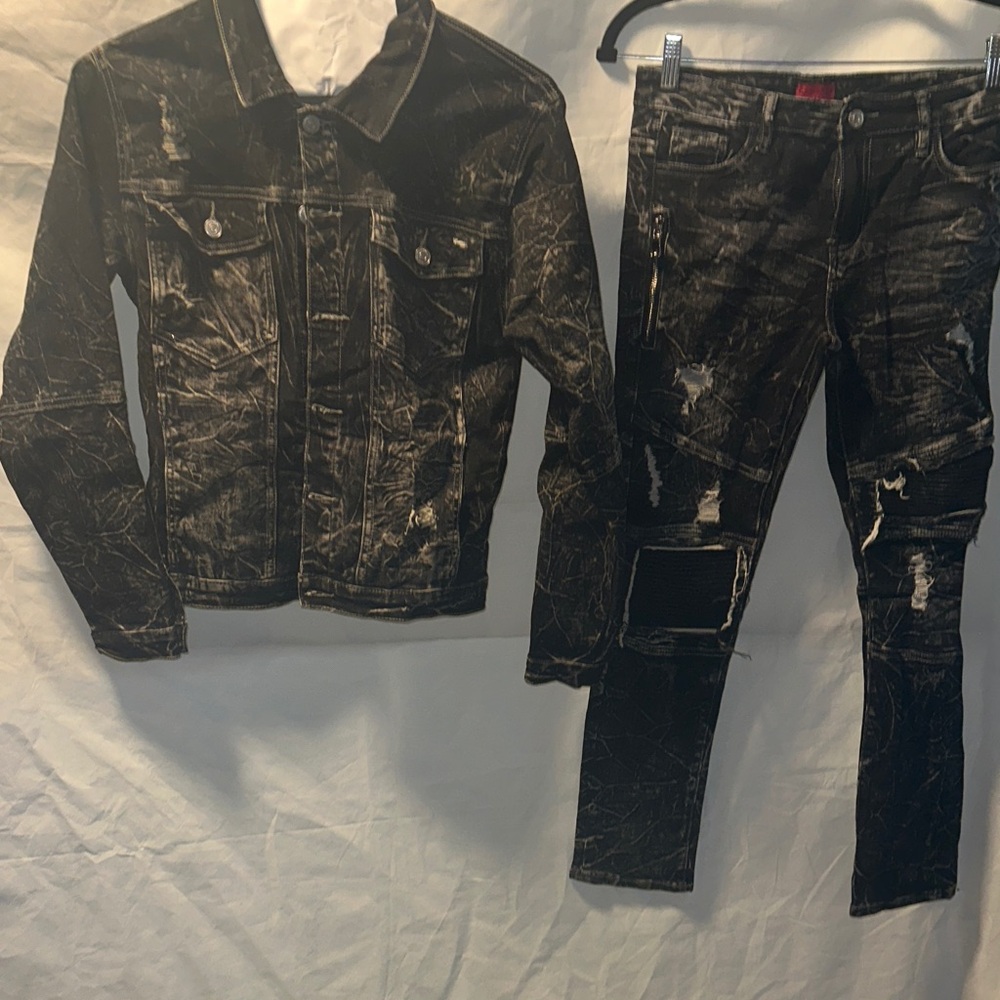 Boys Distressed Black Denim Jacket and Jeans Set